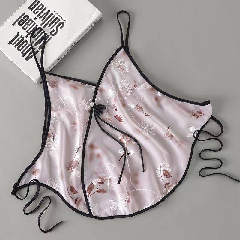 Image of Pretty summer plus-size sexy pajamas, ice silk belly pocket set, adult suspender sexy backless underwear, shorts, thin style